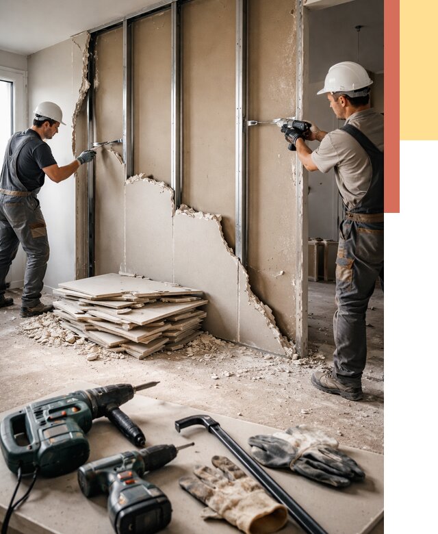 Демонтаж перегородки из гипсокартона в Железногорске от 1240 руб. быстро и недорого | ОТДЕЛОЧНИК-Жлр