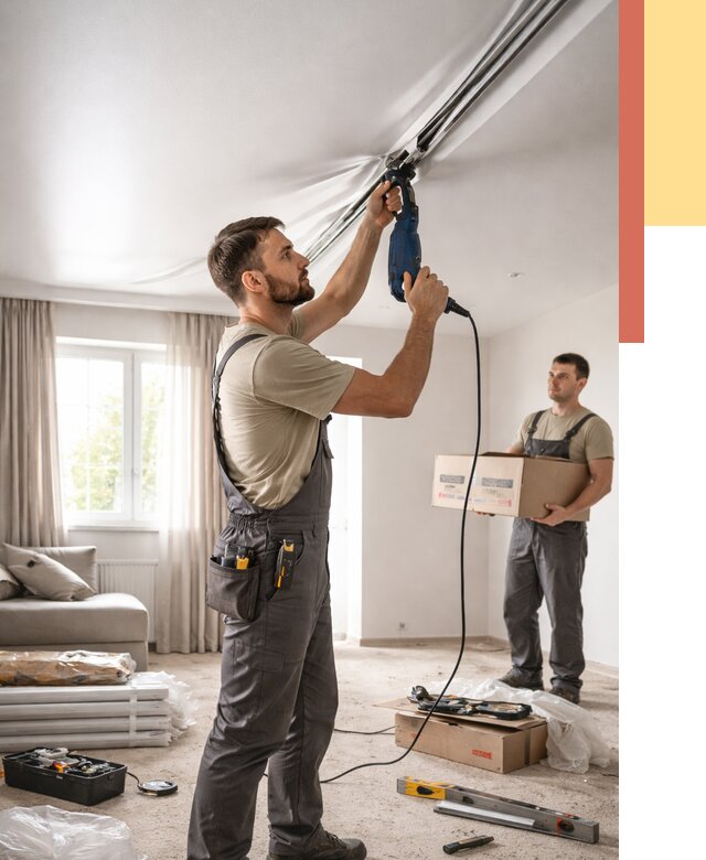 Монтаж сатинового натяжного потолка в Железногорске от 3618 руб. | Быстро, недорого — ОТДЕЛОЧНИК-Жлр