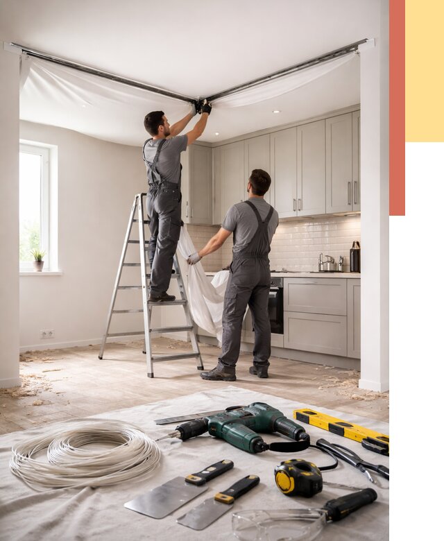 Установка натяжного потолка на кухне в Железногорске от 2481 руб. | ОТДЕЛОЧНИК-Жлр