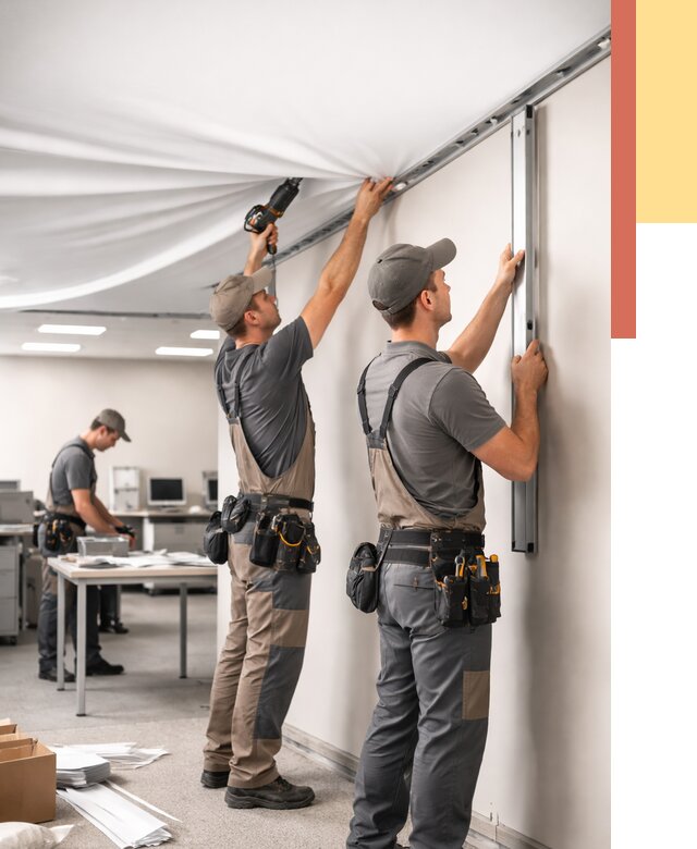 Монтаж натяжного потолка в офисе в Железногорске от 465 руб/м² — быстро и недорого | ОТДЕЛОЧНИК-Жлр