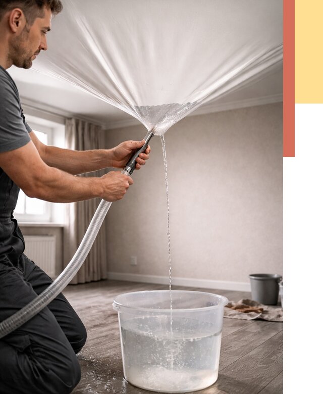 Слив воды с натяжного потолка в Железногорске от 2584 руб. быстро и недорого | ОТДЕЛОЧНИК-Жлр