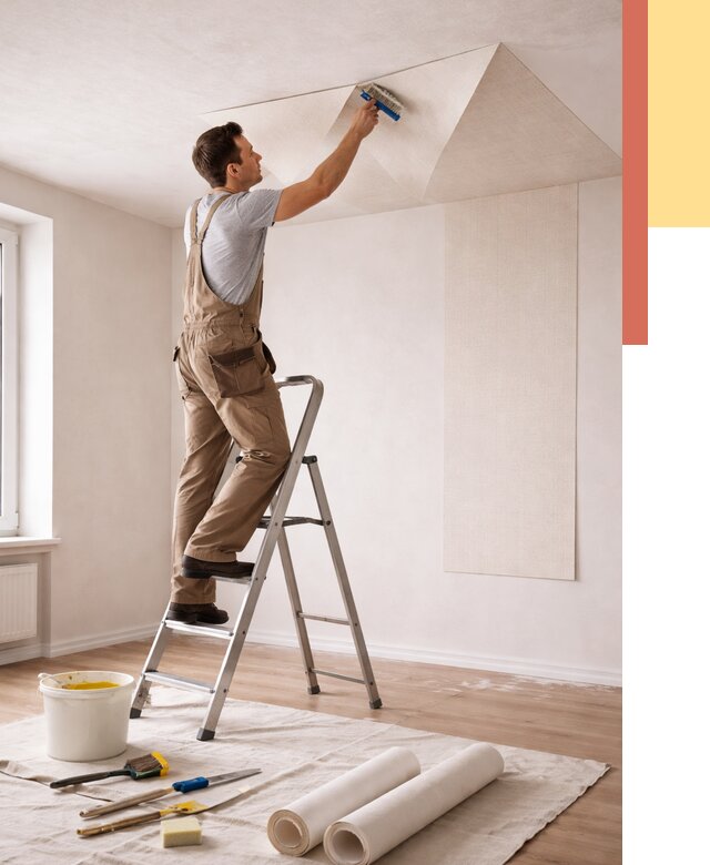 Поклейка обоев на потолок в Железногорске от 4652 руб. быстро и недорого | ОТДЕЛОЧНИК-Жлр